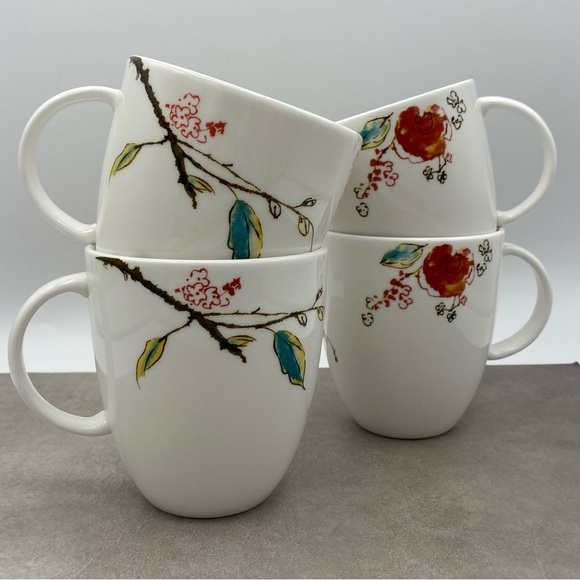 Lenox Simply Fine Chirp Mugs Floral Inch Bone China Set Of